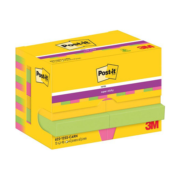 3M Post-it lappar 47,6mm x 47,6mm | 3M | supersticky blandade färger| 90 ark | 12st 622-12SS-CARN 201013 - 1