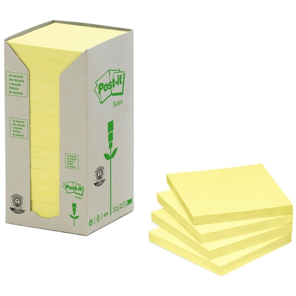 3M Post-it lappar 76mm x 76mm | 3M | återvunnet papper gul | 100 ark | 16st 654-1T 201390 - 1