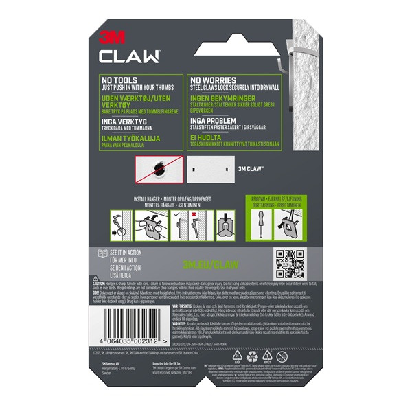 Tavelkrok för gipsvägg | 3M Claw | 11kg | 4st SE001431 - 3