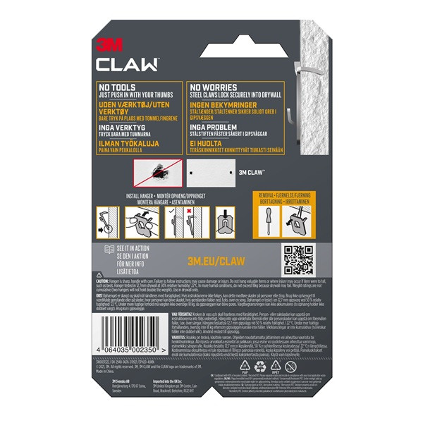 Tavelkrok för gipsvägg | 3M Claw | 20kg | 4st SE001433 - 3