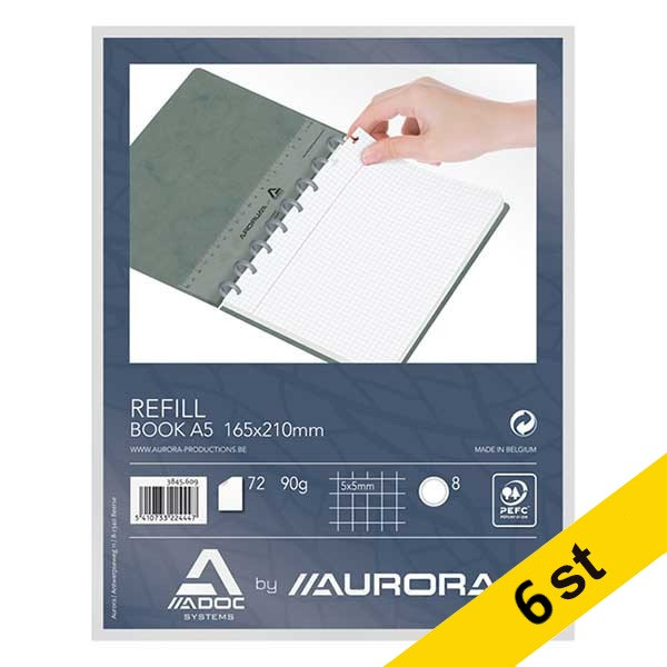 Skrivbok påfyllning för A5  | rutat | 72 ark | Aurora Adoc | 6st 330113 - 1