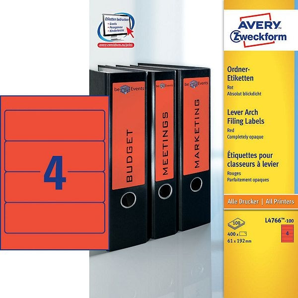 Avery ​​​​​​​Pärmetiketter självhäftande 192 x 61mm | Avery L4766-100 | röd | 400st L4766-100 212116 - 1