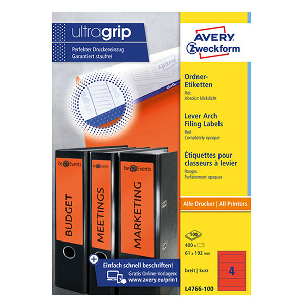 Avery ​​​​​​​Pärmetiketter självhäftande 192 x 61mm | Avery L4766-100 | röd | 400st L4766-100 212116 - 1