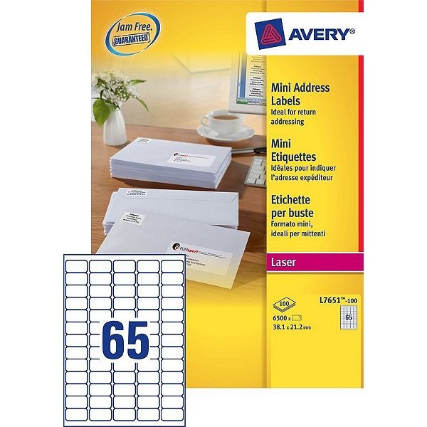 Avery Adressetiketter | 38,1 x 21,2mm | Avery L7651-100 | 6.500st L7651-100 212100 - 1