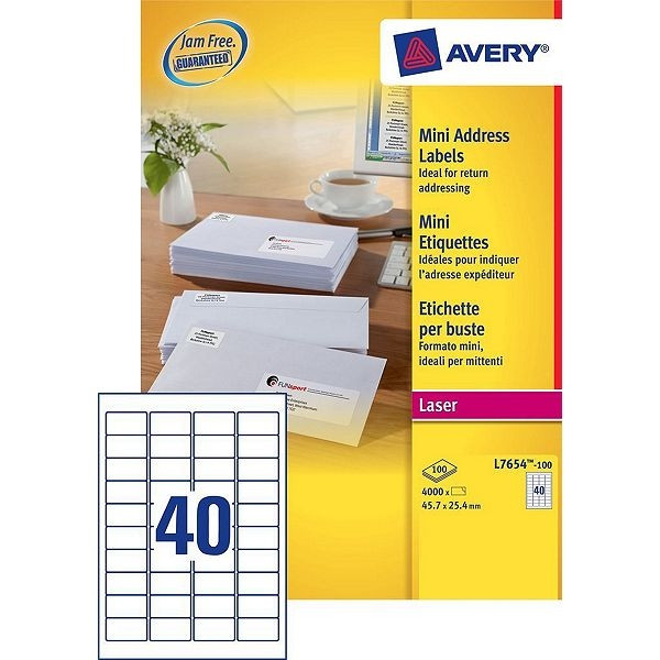 Avery Adressetiketter | 45,7 x 25,4mm | Avery L7654-100 | 4.000st L7654-100 212643 - 1