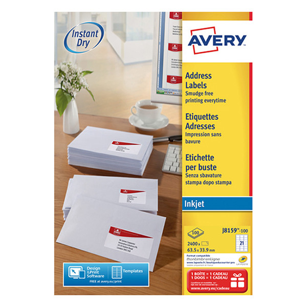 Avery Adressetiketter | 63,5 x 33,9mm | Avery J8159-100 | 2.400st J8159-100 212274 - 1