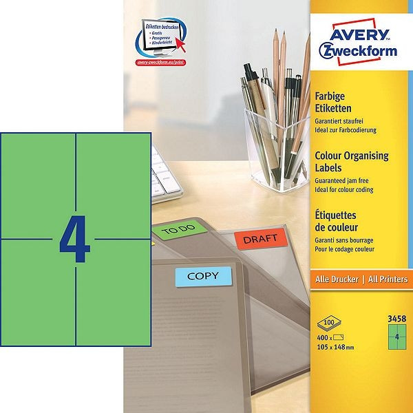 Avery Etiketter | 105 x 148mm | grön | Avery 3458 | 400st 3458 212256 - 1
