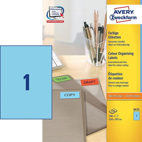 Avery Etiketter | 210 x 297mm | blå | Avery 3471 | 100st 3471 212248 - 1