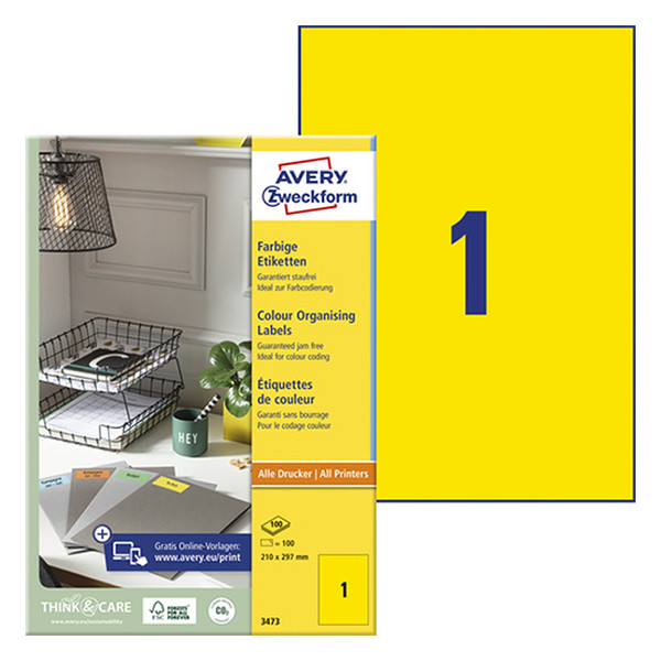 Avery Etiketter | 210 x 297mm | gul | Avery 3473 | 100st 3473 212252 - 1