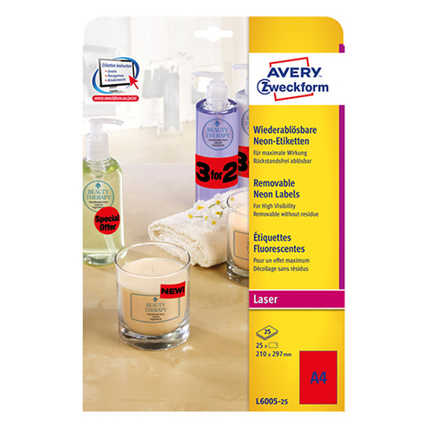 Avery Etiketter | 210 x 297mm | neonröd | Avery L6005-25 | 25st L6005-25 212747 - 1
