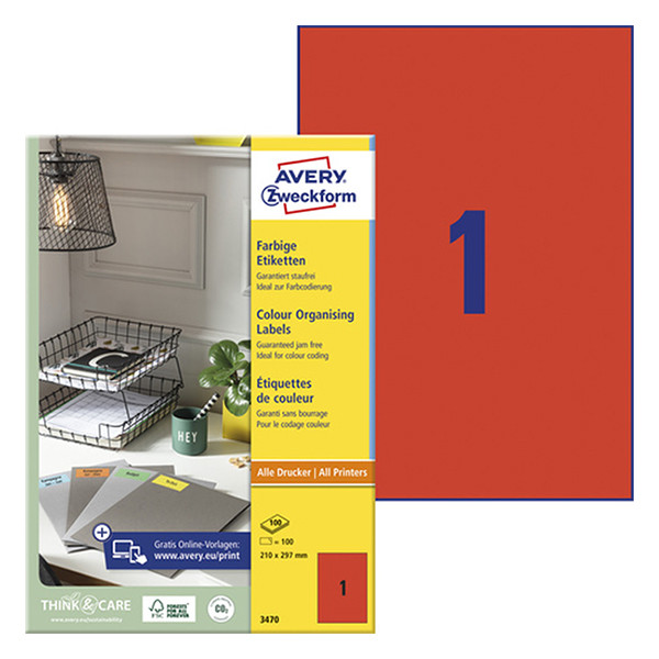 Avery Etiketter | 210 x 297mm | röd | Avery 3470 | 100st 3470 212246 - 1
