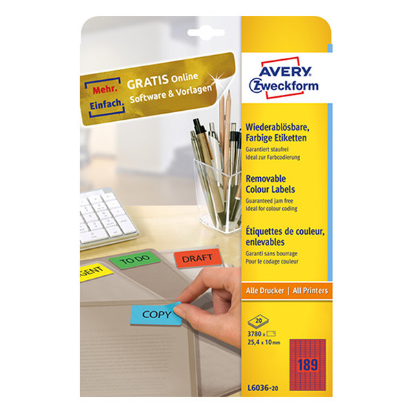 Avery Etiketter | 25,4 x 10mm | röd | Avery  L6036-20 | 3.780st L6036-20 212769 - 1