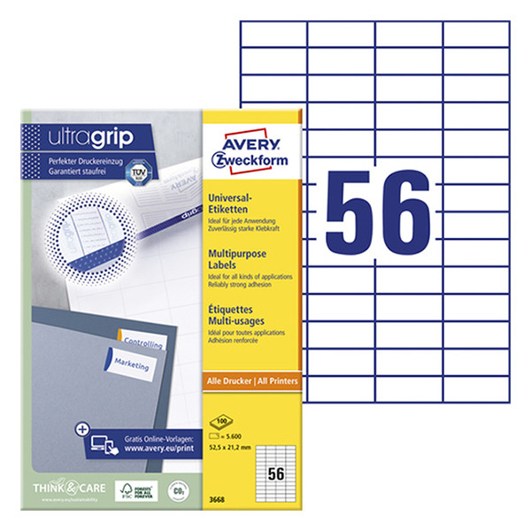 Avery Etiketter | 52,5 x 21,2mm | Avery 3668 | 5.600st 3668 212030 - 1
