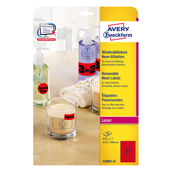 Avery Etiketter | 63,5 x 29,6mm | neonröd | Avery L6003-25 | 675st L6003-25 212758 - 1