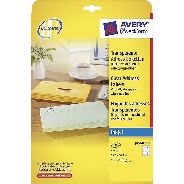 Avery Etiketter | 63,5 x 38,1mm | transparent | Avery J8560-25 | 525st J8560-25 212542 - 1