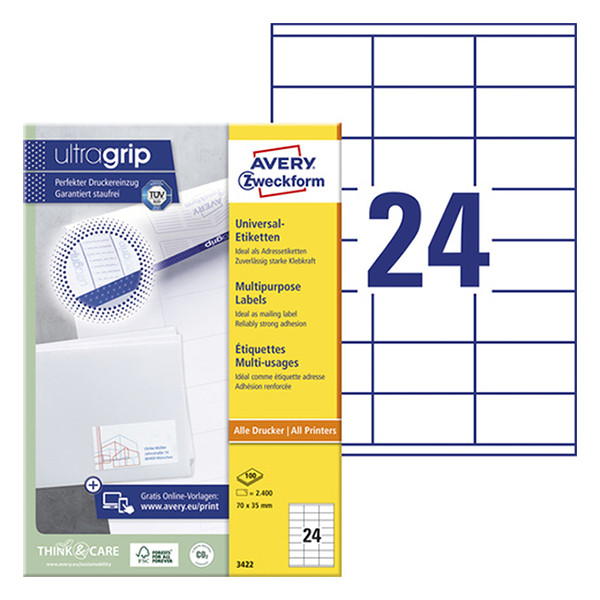 Avery Etiketter | 70 x 35mm | vit | Avery 3422 | 2.400st 3422 212470 - 1