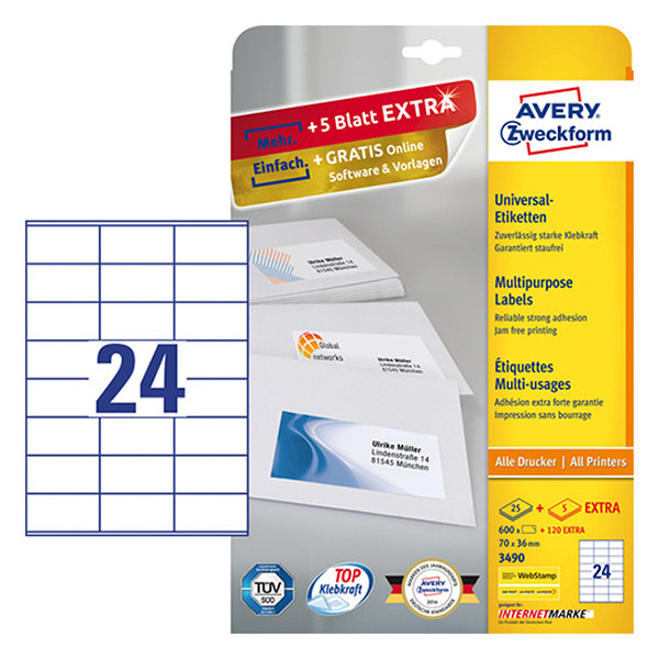 Avery Etiketter | 70 x 36mm | Avery 3490 | 600st 3490 212482 - 1