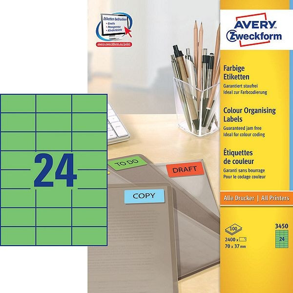 Avery Etiketter | 70 x 37mm | grön | Avery 3450 | 2.400st 3450 212078 - 1