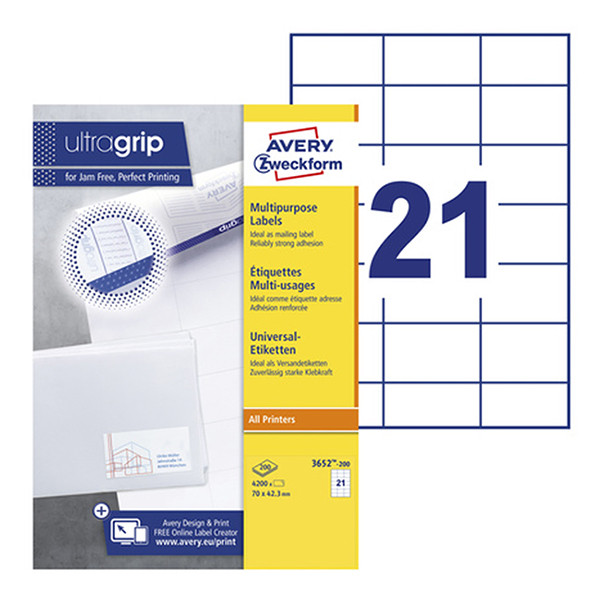 Avery Etiketter | 70 x 42,3mm | Avery 3652-200 | 4.200st 3652-200 212484 - 1