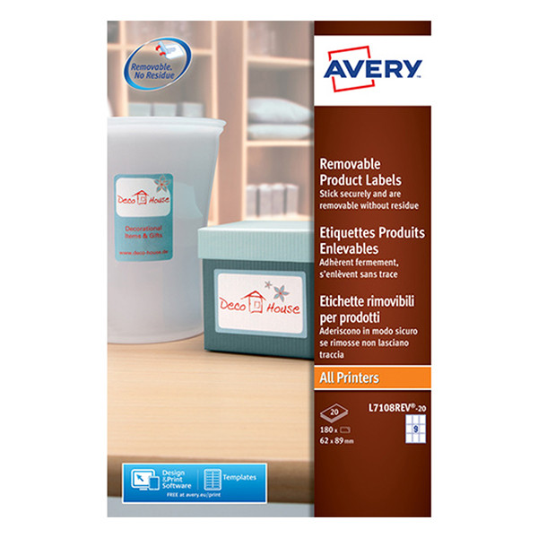 Avery Etiketter avtagbara | 62 x 89mm | Avery L7108REV-20 | 180st L7108REV-20 212616 - 1