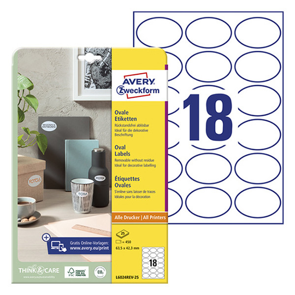 Avery Etiketter avtagbara | 63,5 x 42,3mm | vit | Avery L6024REV-25 | 450st L6024REV-25 212468 - 1