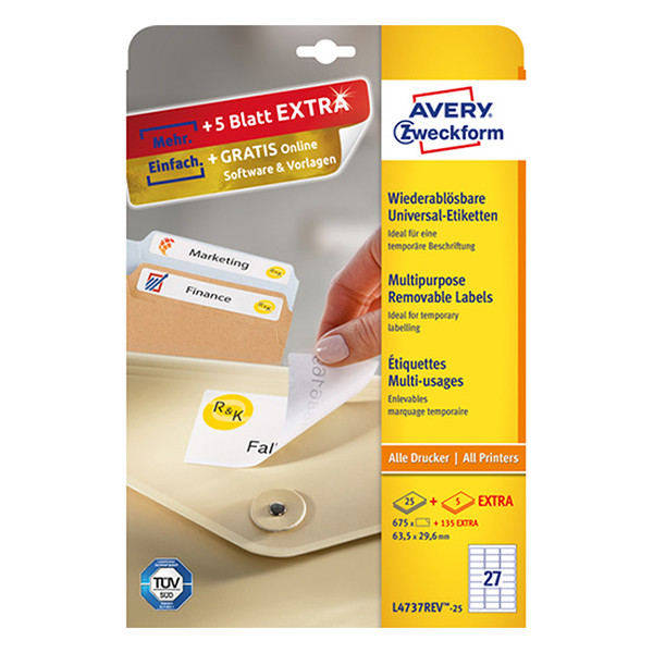 Avery Etiketter multifunktionella | 63,5 x 29,6mm | vit | Avery L4737-25 | 675st L4737REV-25 212582 - 1