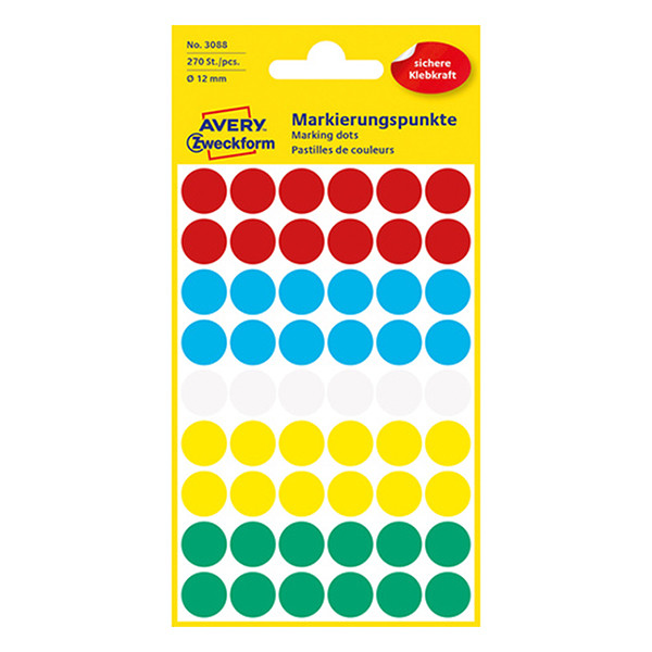 Avery Markeringspunkter 12mm Ø | blandade färger | Avery 3088 | 270st 3088 212358 - 1