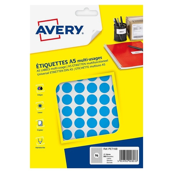 Avery Markeringspunkter 15mm Ø | blå | Avery PET15B | 960st AV-PET15B 212714 - 1