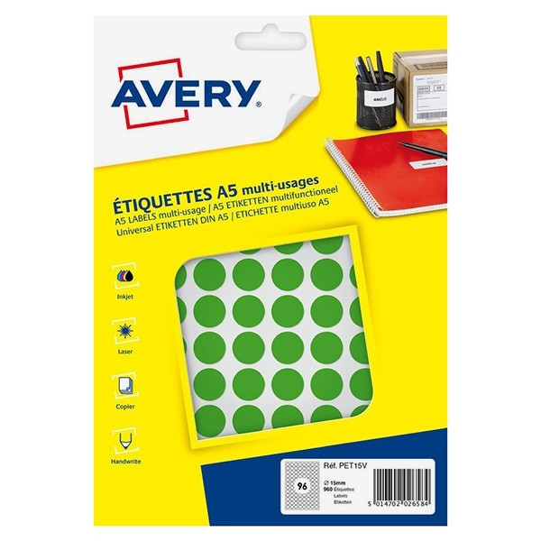 Avery Markeringspunkter 15mm Ø | grön | Avery PET15V | 960st AV-PET15V 212716 - 1