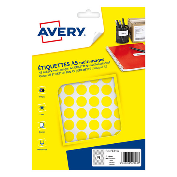 Avery Markeringspunkter 15mm Ø | gul | Avery PET15J | 960st AV-PET15J 212715 - 1