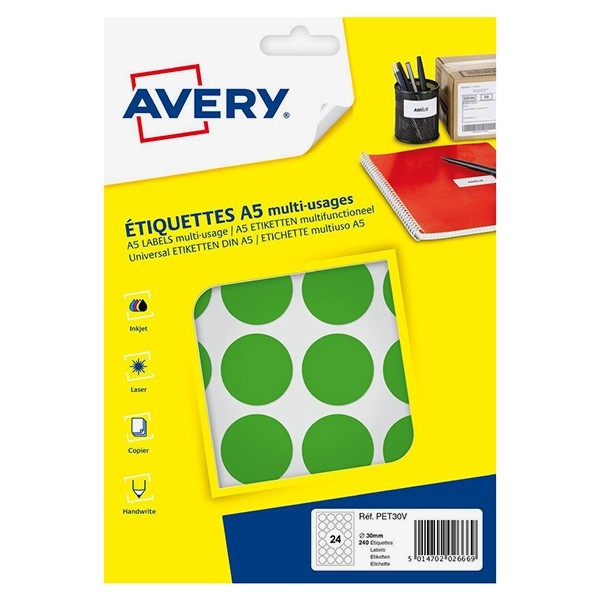 Avery Markeringspunkter 30mm Ø | grön | Avery PET30V | 240st AV-PET30V 212725 - 1