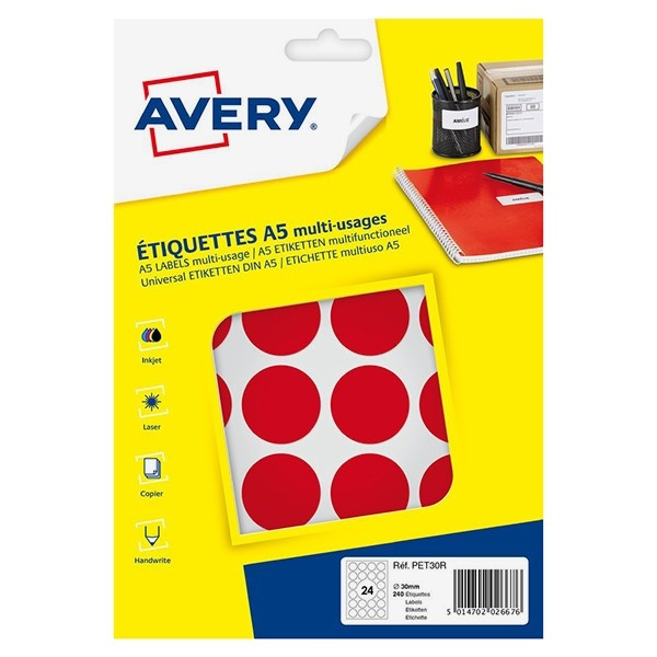 Avery Markeringspunkter 30mm Ø | röd | Avery PET30R | 240st AV-PET30R 212724 - 1