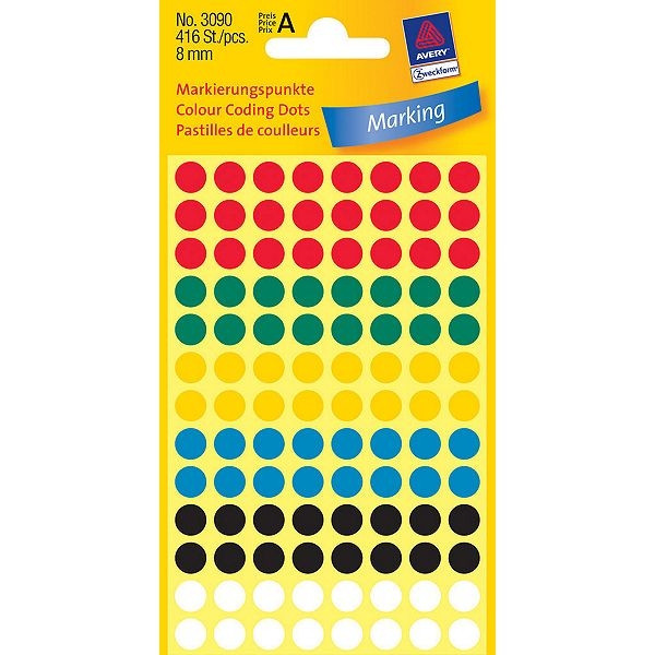 Avery Markeringspunkter 8mm Ø | blandade färger | Avery 3090 | 416st 3090 212338 - 1