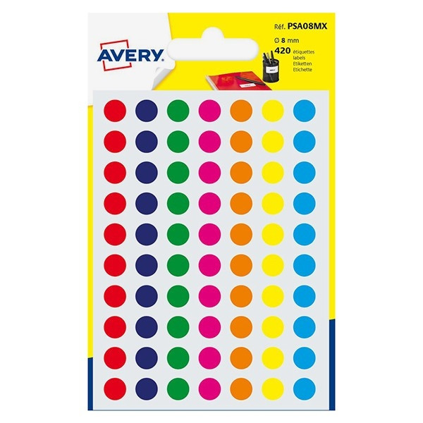 Avery Markeringspunkter 8mm Ø | blandade färger | Avery PSA08MX | 420st AV-PSA08MX 212711 - 1