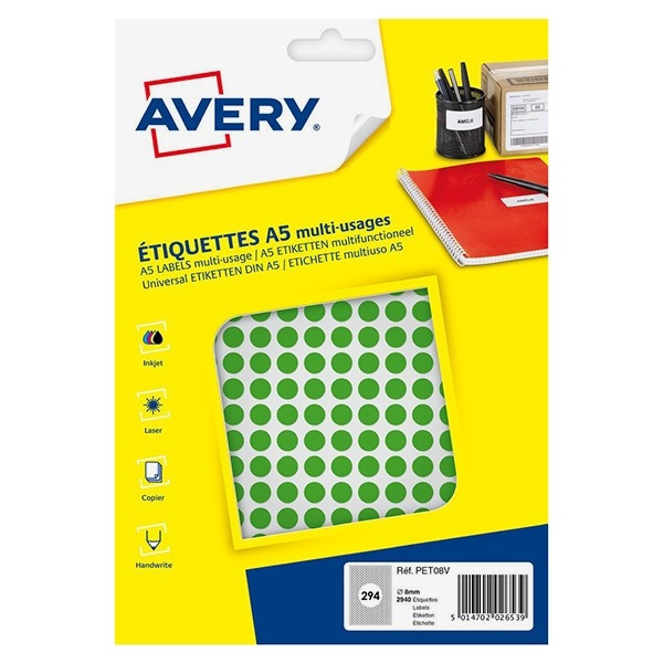 Avery Markeringspunkter 8mm Ø | grön | Avery PET08V | 2.940st AV-PET08V 212707 - 1