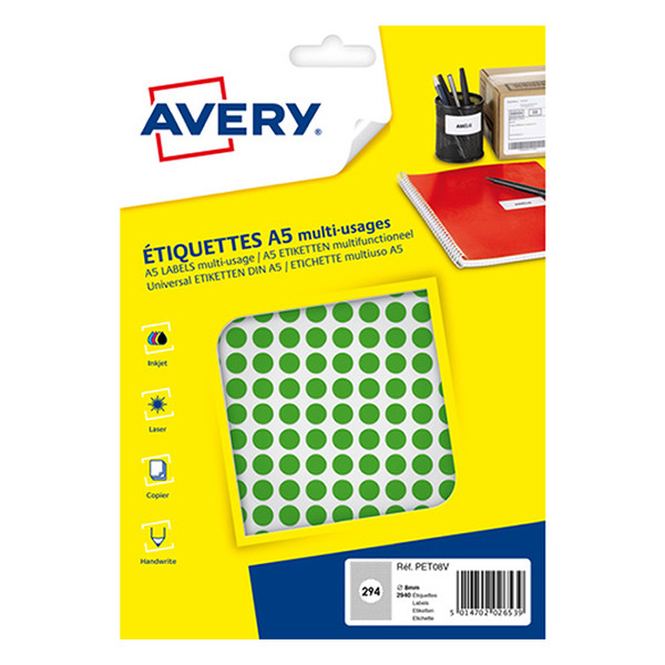 Avery Markeringspunkter 8mm Ø | grön | Avery PET08V | 2.940st AV-PET08V 212707 - 1