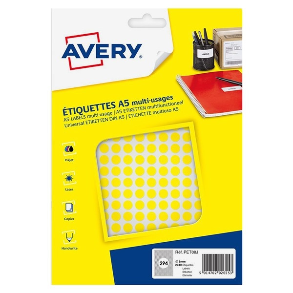 Avery Markeringspunkter 8mm Ø | gul | Avery PET08J | 2.940st AV-PET08J 212705 - 1