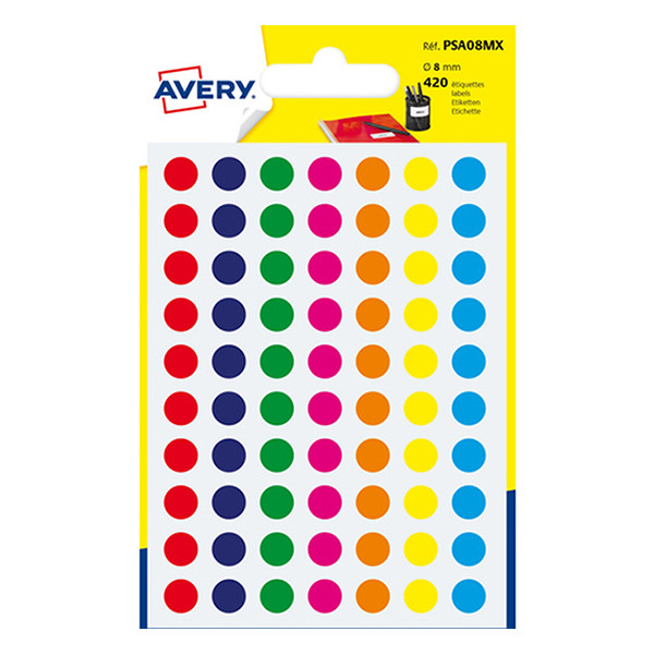 Avery Markeringspunkter 8mm Ø blandade färger | Avery PSA08MX | 420st AV-PSA08MX 212711 - 1