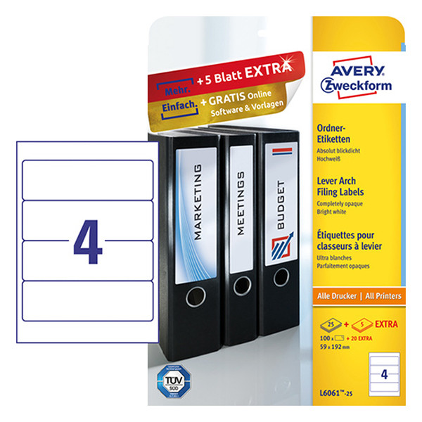 Avery Pärmetiketter självhäftande 192 x 59mm | Avery L6061-25 | vit | 100st L6061-25 212136 - 1