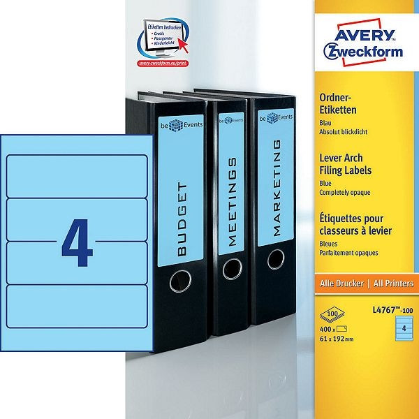 Avery Pärmetiketter självhäftande 192 x 61mm | Avery L4767-100 | blå | 400st L4767-100 212118 - 1