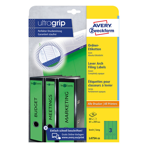Avery Pärmetiketter självhäftande 297 x 61mm | Avery L4754-20 | grön | 60st L4754-20 212128 - 1