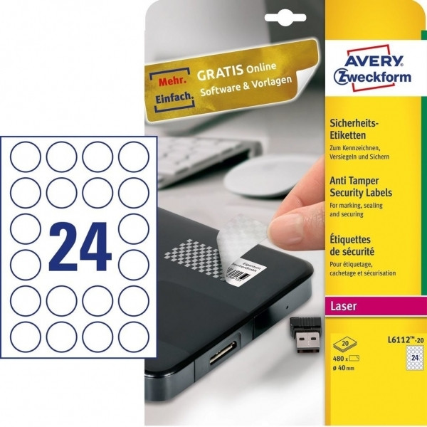 Avery Plomberingsetiketter |  Ø 40mm | Avery L6112-20 | 480st L6112-20 212744 - 1