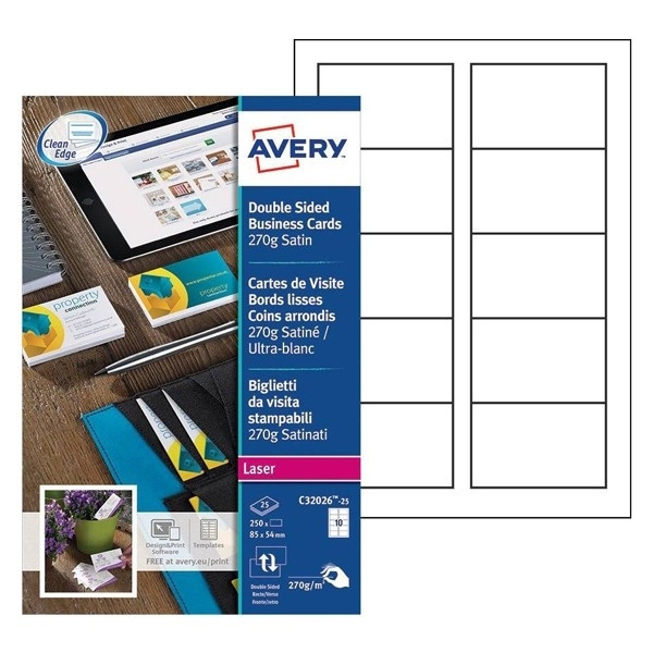 Avery Visitkort | 85 x 54mm | vit satinmatt | Avery C32026-25 | 250st C32026-25 212791 - 1