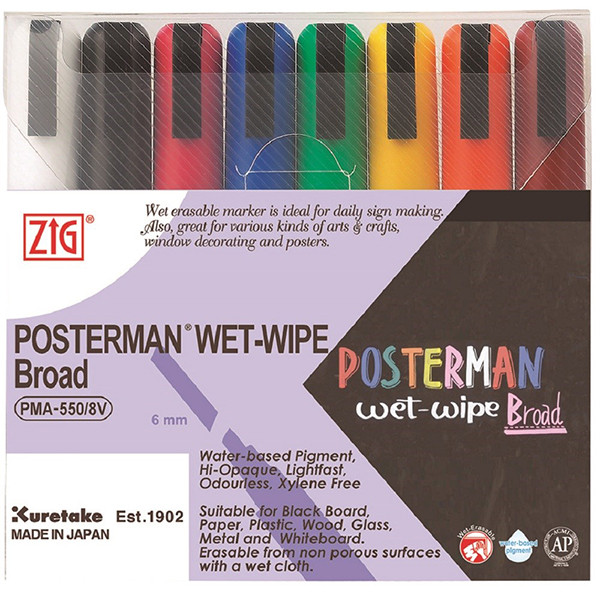 Blackboardpenna 6.0mm | ZIG Posterman PMA-550 Wet-Wipe | sorterade färger | 8st PMA-550V/8 360451 - 1