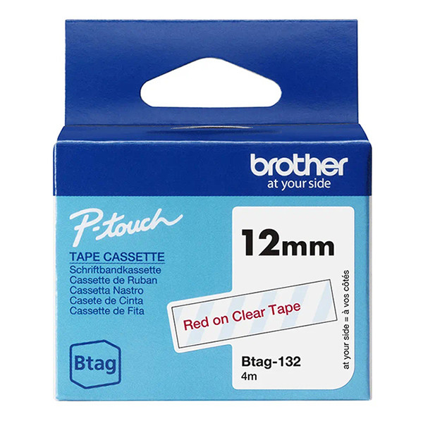 Brother Btag-132 | röd text - transparent märkband  | 12mm x 4m (original) 080344 - 1