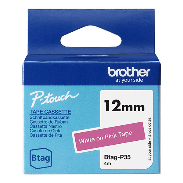 Brother Btag-P35 | vit text - rosa märkband  | 12mm x 4m (original) 080372 - 1
