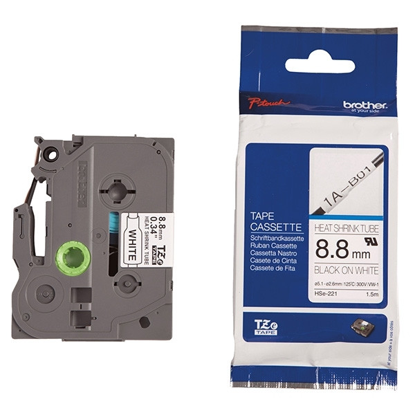 Brother HSe-221 krympslang | svart text - vit märkband  | 9mm x 1.5m (original) 088884 - 1