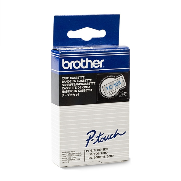 Brother TC-103 | blå text - transparent tejp | 12mm x 7.7m (original) TC-103 088828 - 1