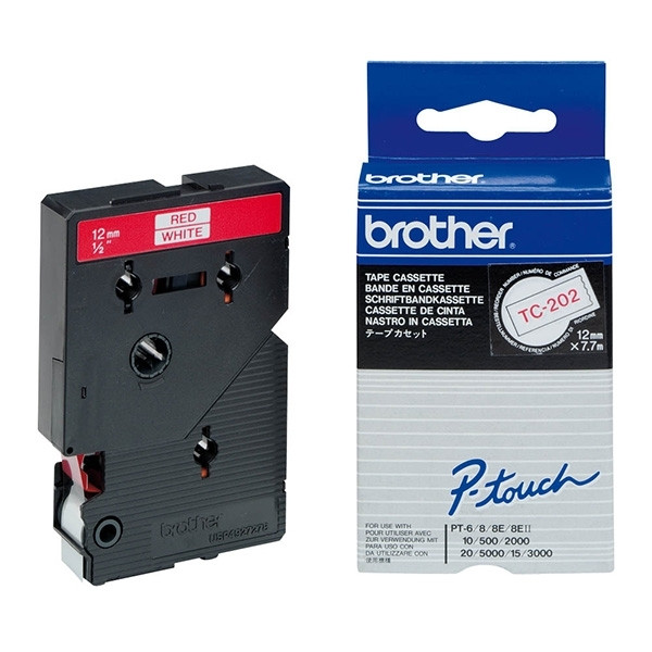 Brother TC-202 | röd text - vit tejp | 12mm x 7.7m (original) TC202 080506 - 1