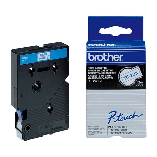 Brother TC-203 | blå text - vit tejp | 12mm x 7.7m (original) TC-203 088834 - 1